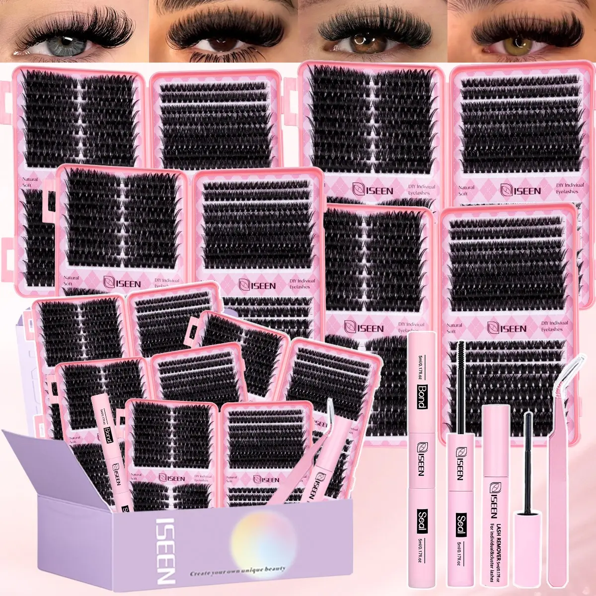 Lash Clusters Kit Mixed 8-16mm D Curl, Natural & Fluffy Volume Individual Lashes,Lash Clusters Kit with Long-lasting Lash Bond ,Seal ,Remove,Tweezers . DIY Cosmetic Lash Extensions Easy to Apply for Beginners, Perfect Gift for Women