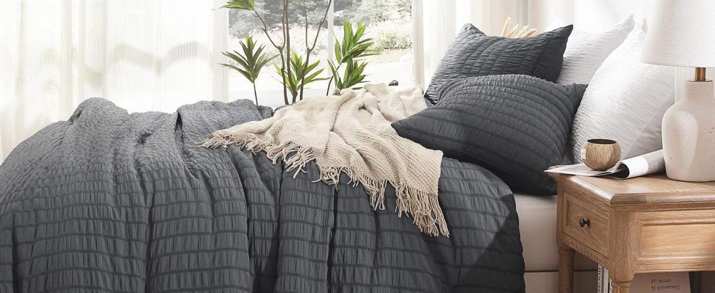 Seersucker King Comforter Set (104x90 inches), 3 Pieces - 100% Soft Washed Microfiber Lightweight Comforter with 2 Pillowcases, All Season Down Alternative Comforter Set for Bedding, Gray