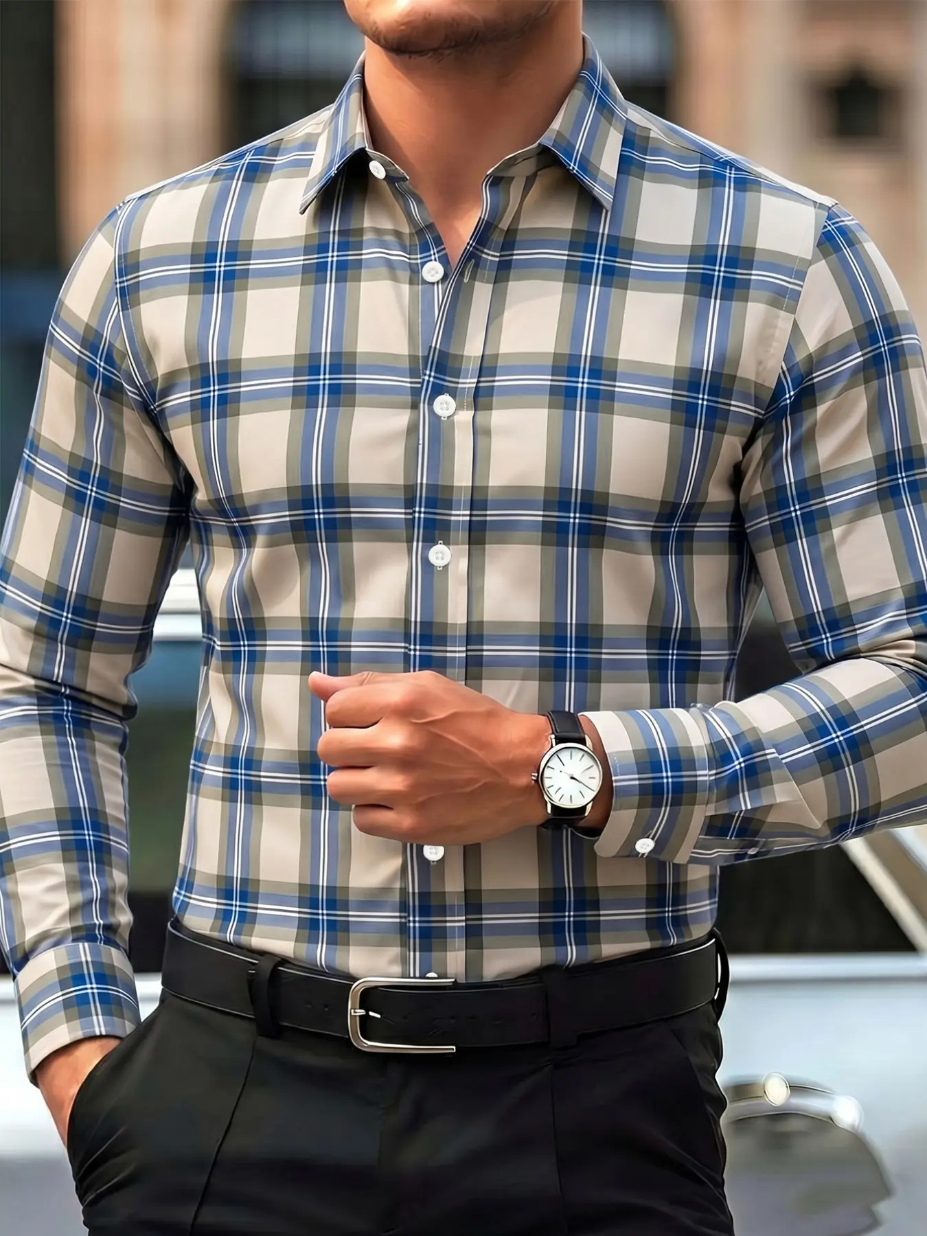 American Vintage Plaid Checked Shirt, Men's Casual Long Sleeve Blouse, Slim Fit Lightweight Business Top, All-Season Retro Style