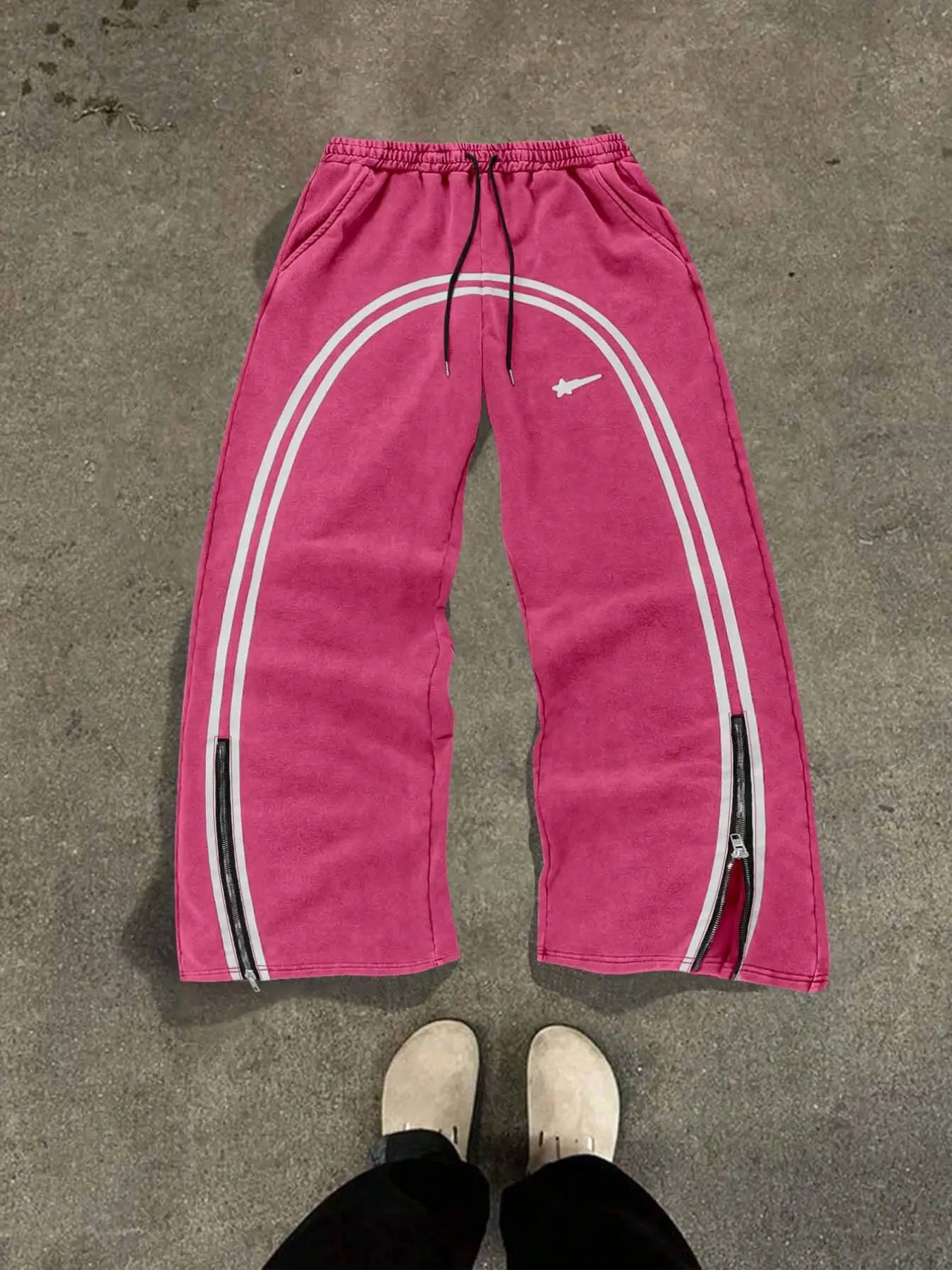 Y2K Vintage Washed Charcoal Micro Flare Sweatpants, Soft Fleece Cotton, Symmetrical Arc Design, Adjustable Metal Zipper, Loose Fit