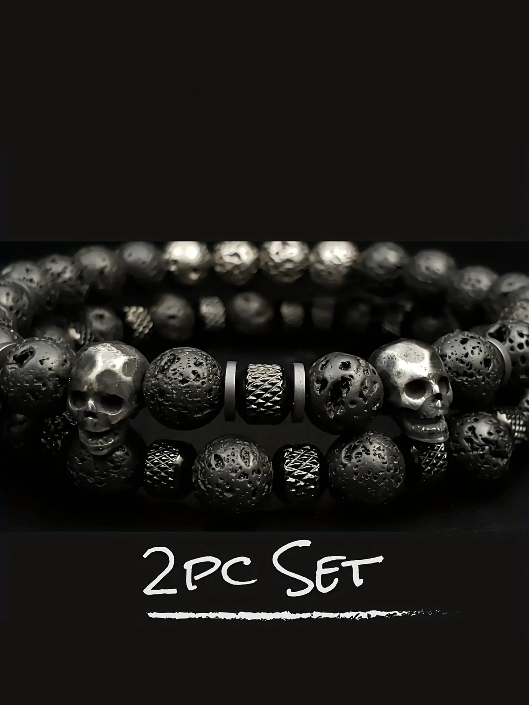 2pcs/set Men's Elastic Wristbands, 304 Stainless Steel, Vintage Polygon Skull Design, Dark Style Beaded Bracelets, Fashion Jewelry, Stacked Bracelets, Bracelets Stack