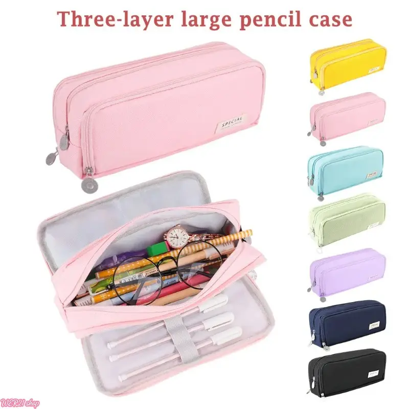 [WER21]Large Pencil Case 3 Compartments Pencil Pouch Big Capacity Pencil Bag Oxford Stationery Storage Pen Bag Cosmetic Makeup Pouch for Women Girls
