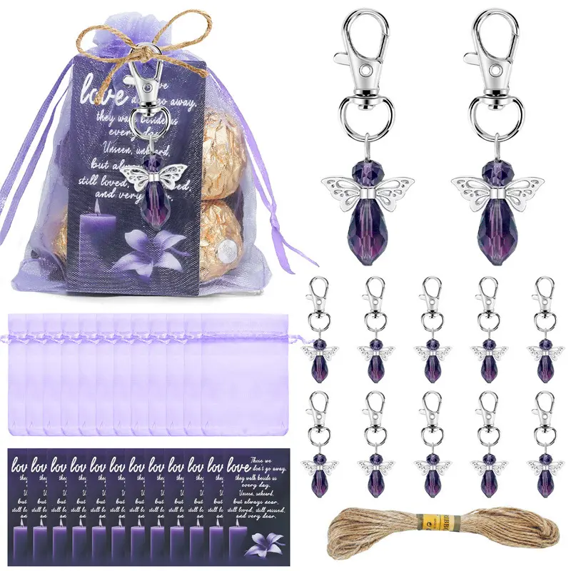 Funeral Favors, Purple Angel Rhinestone Keychains with Thank You Cards &Organza Bags, Memorial Service Guest Gifts, Sympathy Thank You Party Supplies