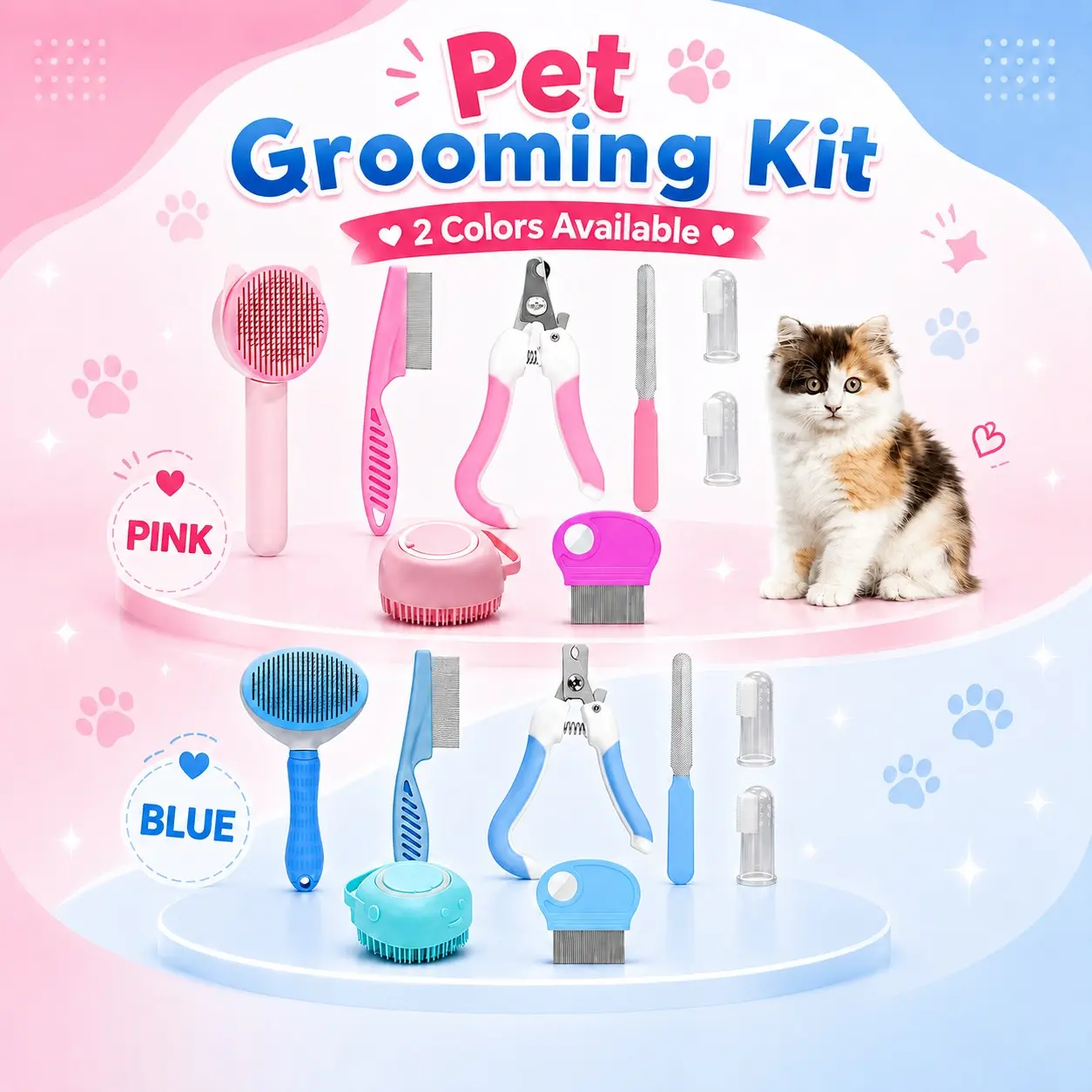 8-Piece Pet Grooming Kit, Dog Cat Brush Comb Set, Nail Clipper, Flea Comb, Bath Brush, Toothbrush, Blue/Pink Pet Care Tools