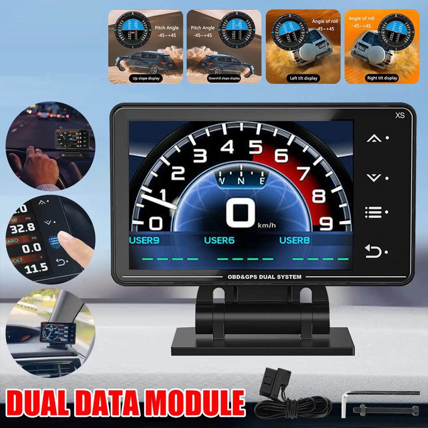 XS LCD Head-Up Display, GPS+obd2 Scanner, Car Diagnostic Tool, Hud Monitor, Obd2 Dashboard, Inclinometer, Pulse Oximeter, Tachometer, Multi-Function