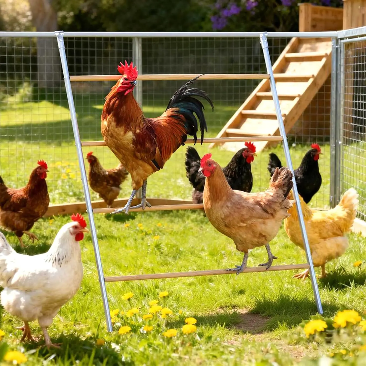 55in Large Chicken Roost Bars with Solid Metal Frame, Sturdy Roost Ladder, Easy-Clean Coop Accessory for Backyard Hens