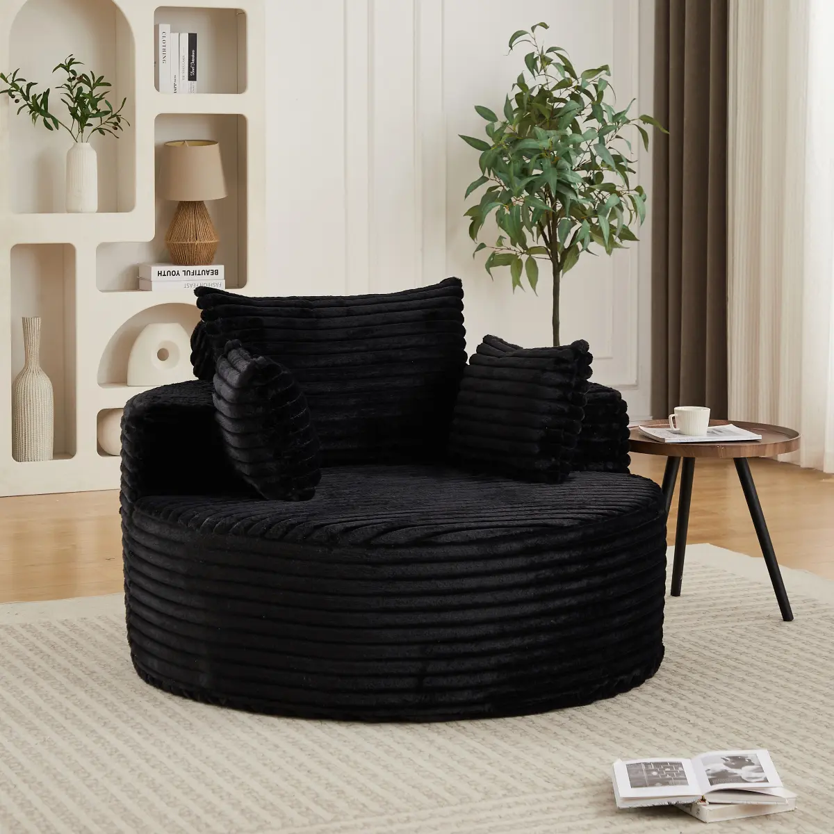 50" Oversized Round Chaise Longue Chair Indoor Round Sofa Chair, Circle Accent Single Lazy Corduroy Cloud Deep Seat Floor Foam Comfy Boneless Compressed Reading Chair with Pillows for Living Room Bedroom Office Study, No Assembly Required