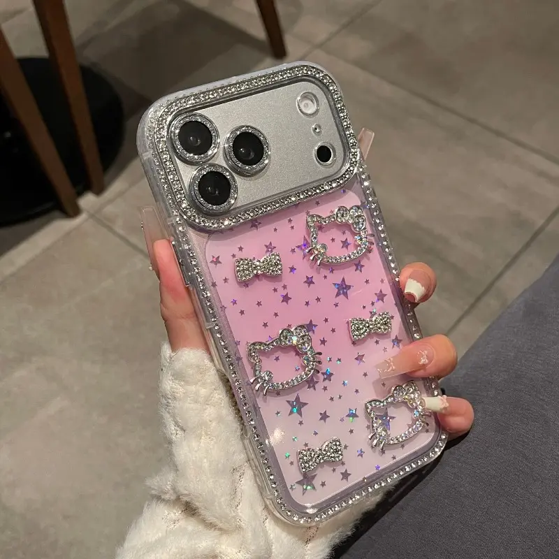 New Cute Double-Sided Rhinestone Cat-Ear Bow Phone Case For iPhone 18 17 16 15 14 13 Pro Max Plus Stylish Protective Case Durable Phone Accessory