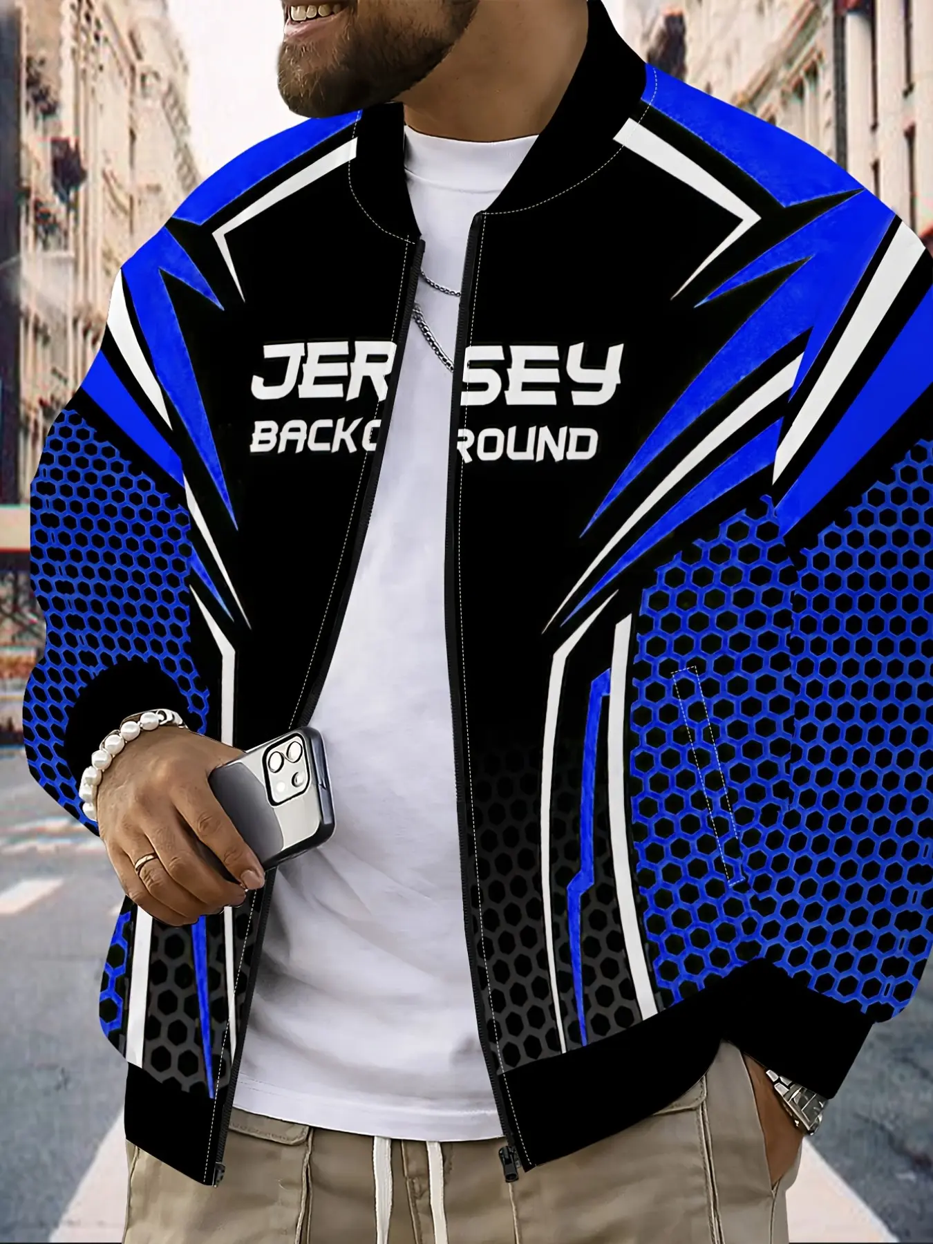 Men's Blue Honeycomb Geometric Racing Style Jacket, Zipper Casual Streetwear Lightweight Sport Coat, Daily Wear Outdoor Clothing