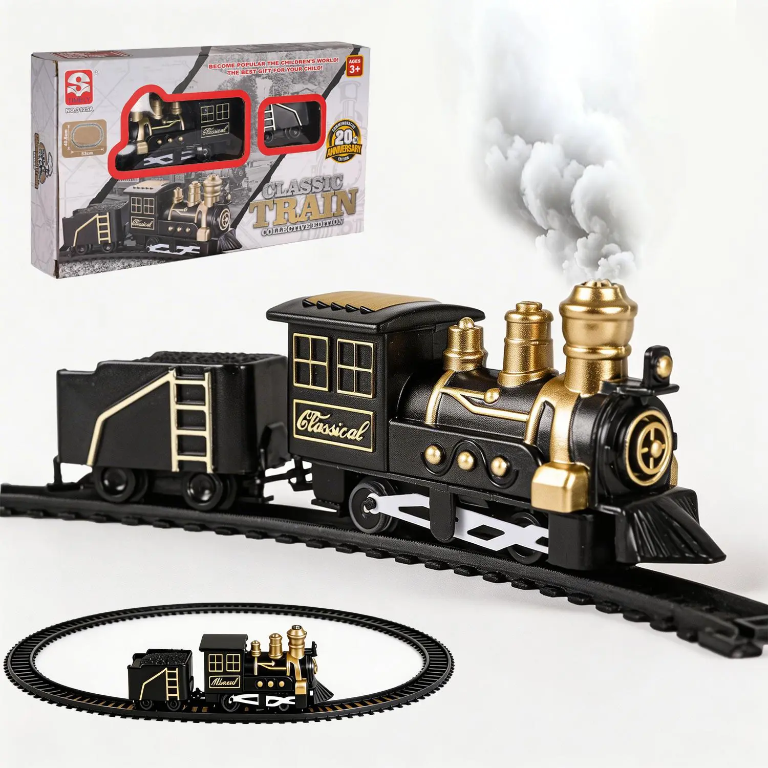 Electric Train Set,  Vintage Train with Locomotive, Passenger Car, 6 Curves, LED Light & Sound – Indoor Toy for Kids, for Holiday Village or Train Table
