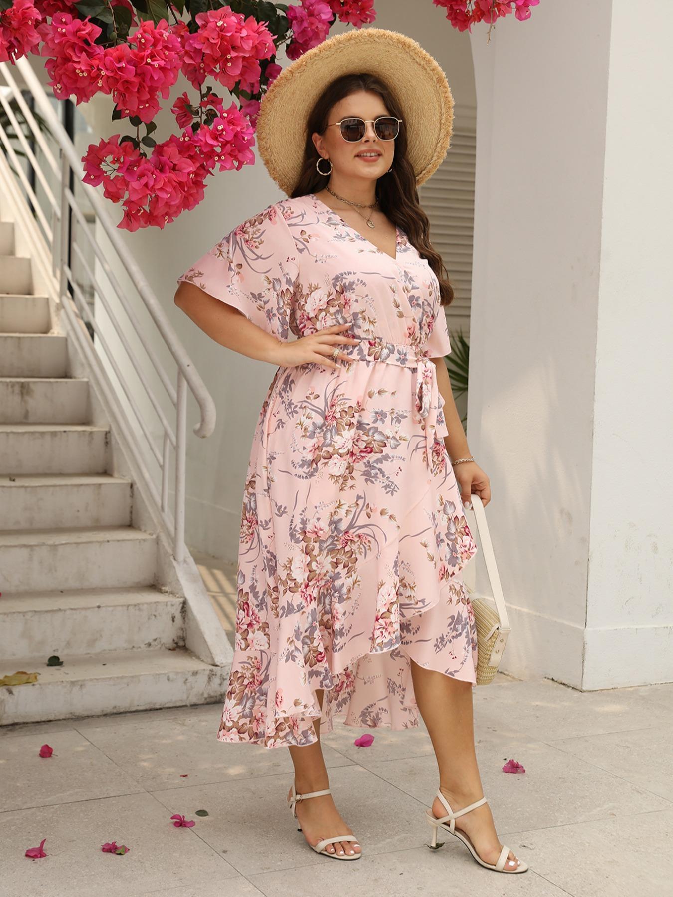 Plus Size Floral Print Ruffle Hem Belted Wrap A Line Dress, Boho Butterfly Sleeve V Neck High Low Midi Dress, Women Casual Clothing for Spring & Fall