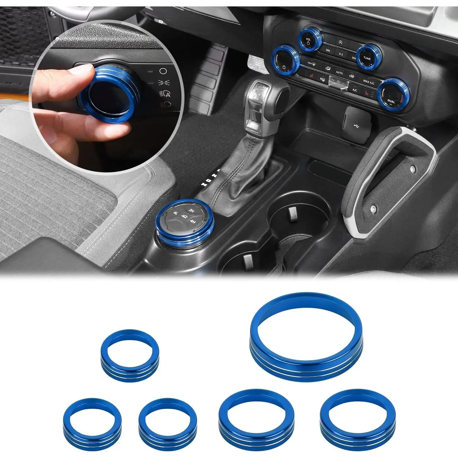 Air Conditioner Headlight Switch Knob 4WD Wheel Drive Trailer Gear Switch Knob Cover for 2021-2026+ Ford Bronco Accessories Aluminum Alloy 6PCS Blue(Don't fit Bronco Sport)