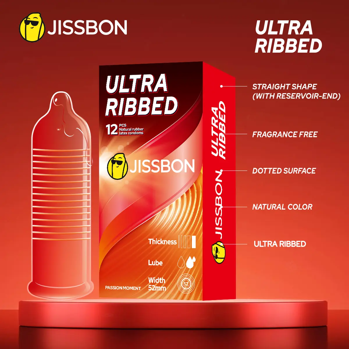 JISSBON condoms for men   Ribbed Condom, 52mm, with Ribbed Design forDouble Pleasure and Intense Stimulation Threads!Designed for intense sensory experiences, natural latex