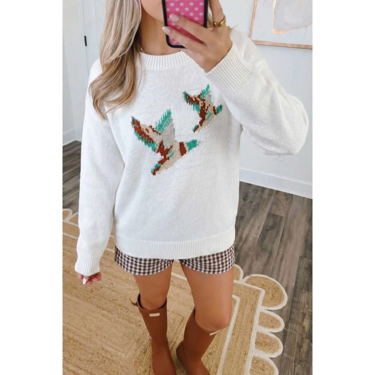 PHEFEE Women's Pullover Sweater, Retro-Style Soft Knit with a Decorative Mallard Pattern, Relaxed Fit Drop-Shoulder Top for Casual Wear, Tops, Knitting Beach Day Essential Everyday Fabric Knitwear School Womenswear