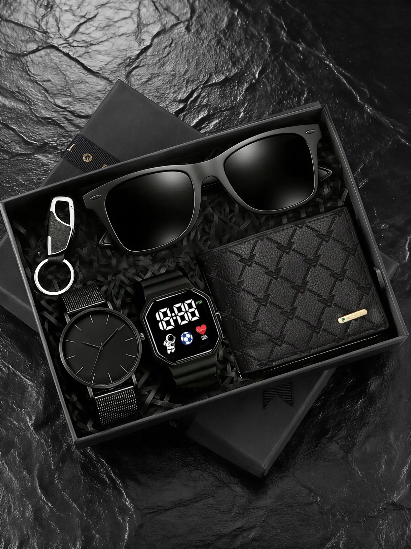 Men's Casual Quartz Watch Set, Round Analog Face, Hollow Alloy Mesh Strap, Includes Wallet, Keychain, Glasses, Perfect Gift for Husband, Father's Day