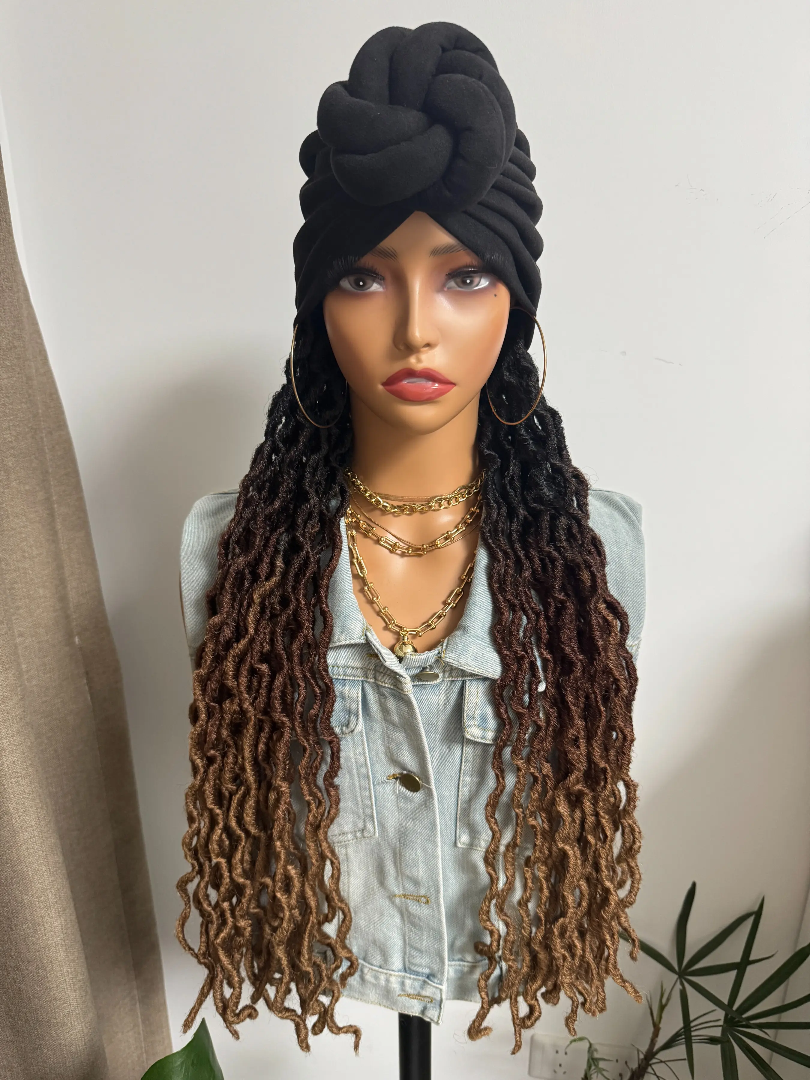 Long 24Inch Synthetic Ombre Black Dark Brown Faux Locs, Bohemian Box Braid, Braided Boho Braids With Headband Elasticated Band Turban Hat Box Braiding Hair Extensions Head Scarf Easy Hairstyle Wigs For Black Women