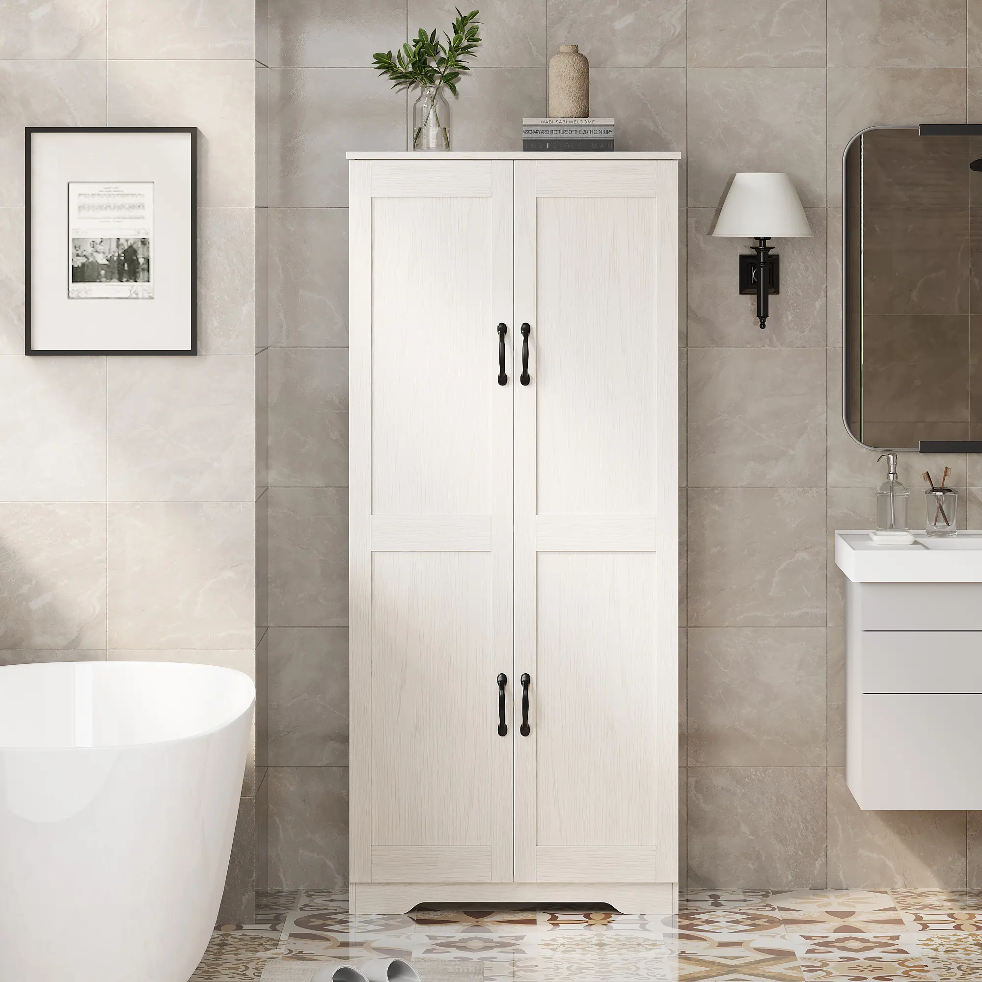 60" Tall Freestanding Pantry Cabinet – Modern Wooden Storage Cupboard with Adjustable Shelves, Double Doors, Space-Saving