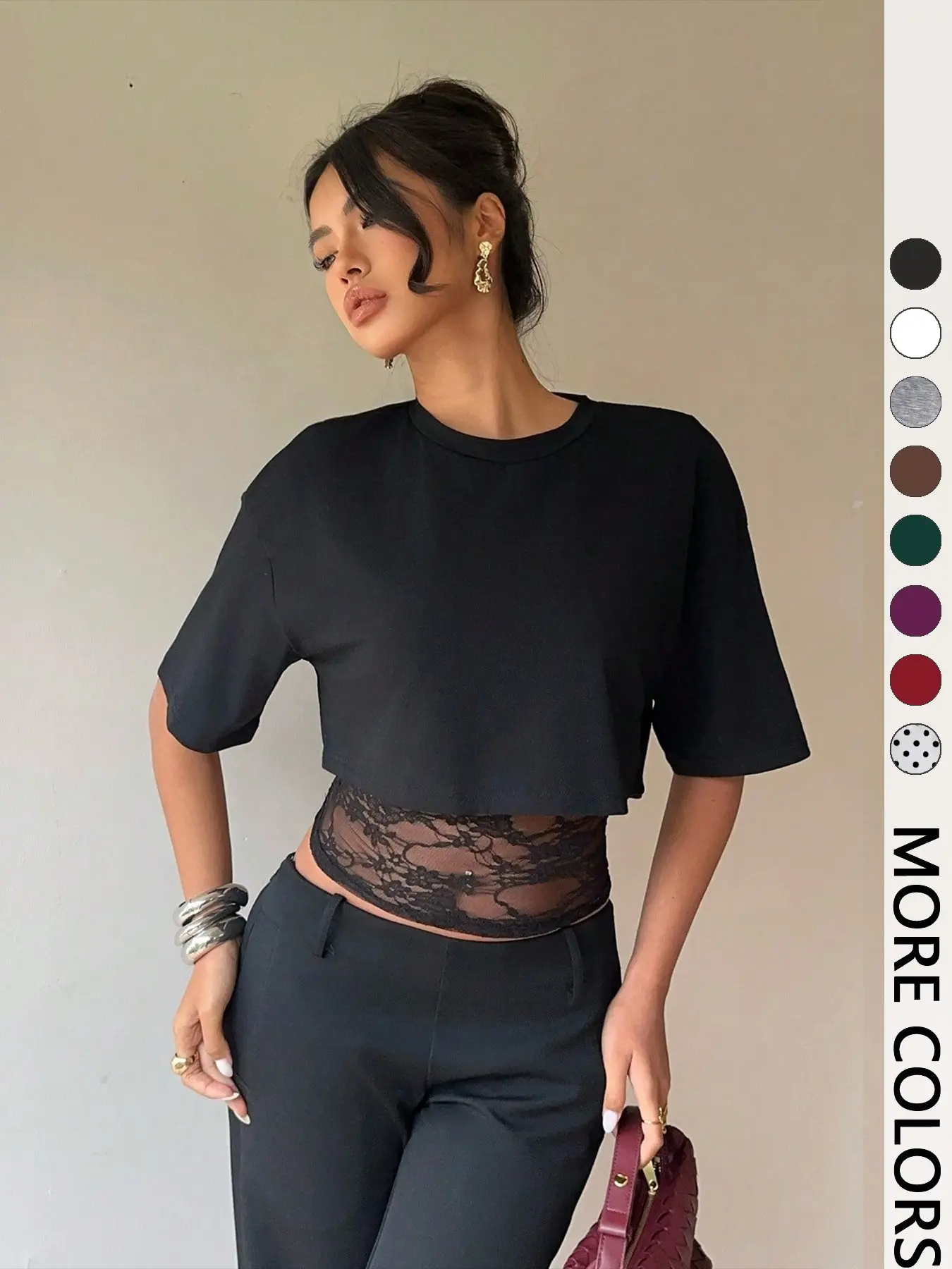 Short Lace Patchwork T-Shirt, Loose Fit Slimming Layered Set, Sexy Casual Daily Commute for Women, Fashionable and Comfortable