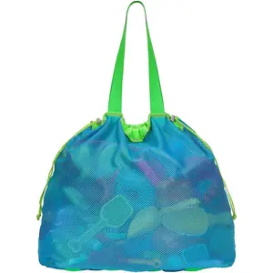 Extra Large Mesh Beach Toy Bag With Drawstring - Lightweight Sand Toy Bag with Reinforced Bottom, Foldable Storage Tote Bag for Beach Pool Travel Essentials, Ocean Blue(Gift)
