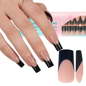 Black French Gel Nail Tips, 240Pcs French Tip Press on Nails Long Square, No Need to File 3 in 1 Tips Pre-lasting, Fake Nails  Nail Art DIY 15 Sizes