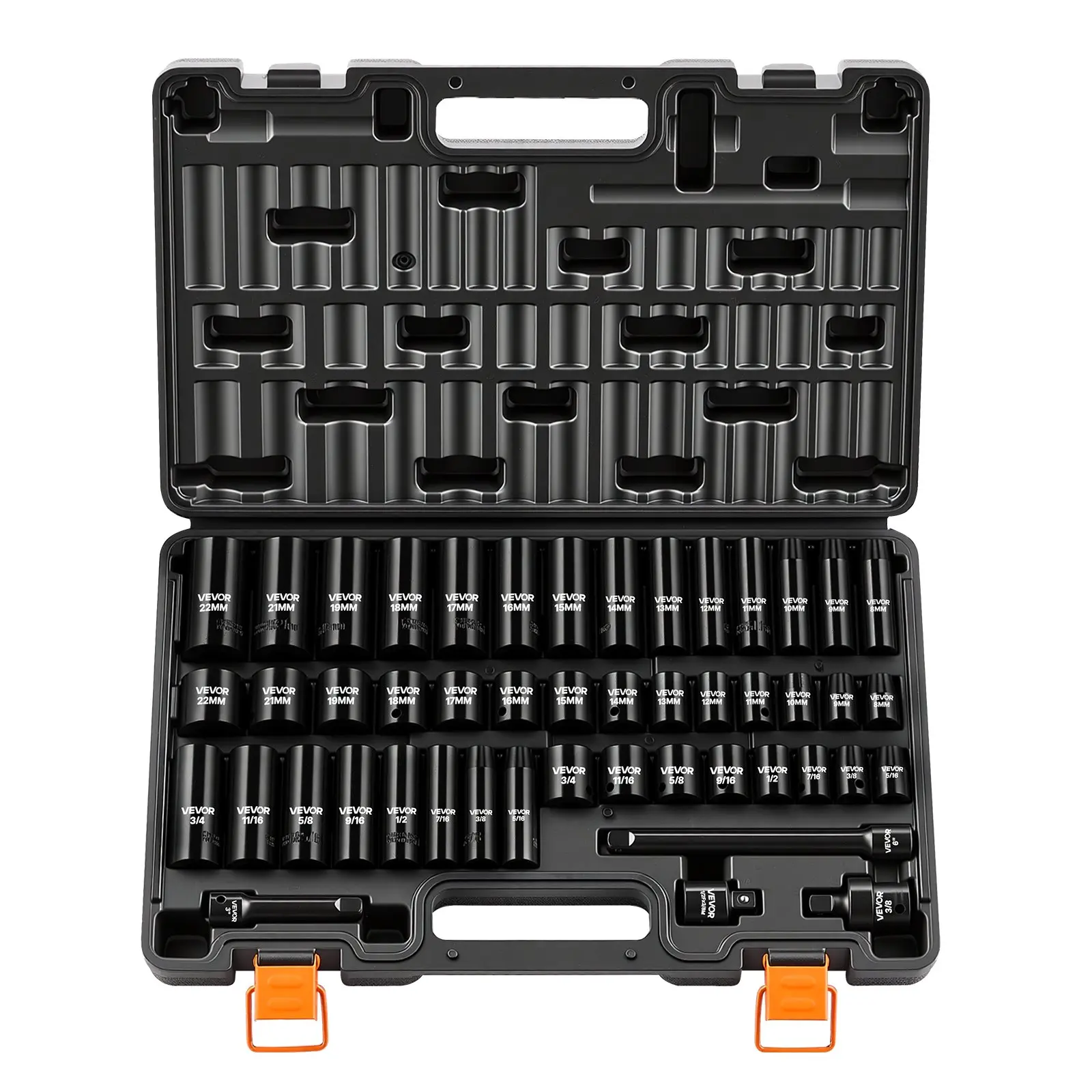 VEVOR Impact Socket Set, 3/8" Drive, 48-Piece Socket Set, 6-Point Sockets, SAE 5/16"-3/4" and Metric 8-19 mm, 21-22 mm, Easy to Identify, Cr-V Alloy Steel, Extension Bar, Adapter and Storage Cage