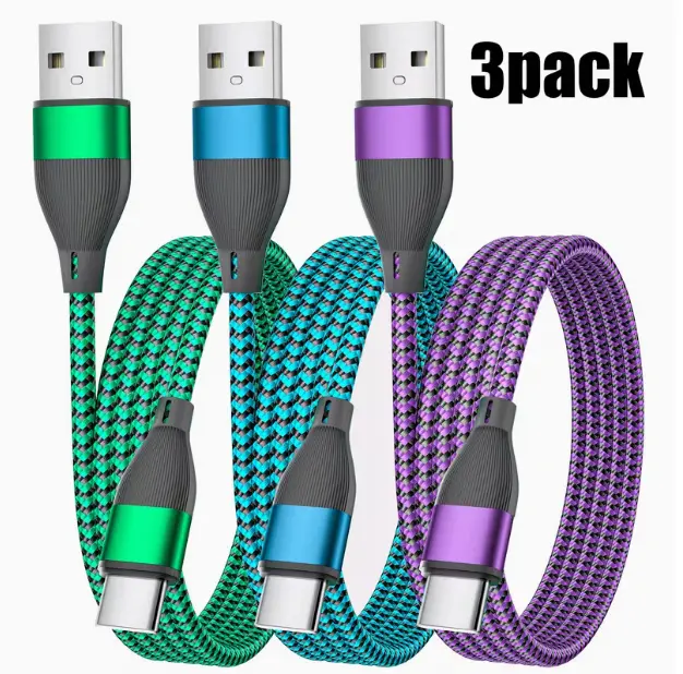 3PCS Nylon Braided 60W Fast Charging Cables - Durable Round Shape, Male-to-Male, 1m or 2m Optional, High-Speed Sync, Type-C Adapter Included, Compatible with Samsung, VIVO & USB-C Devices