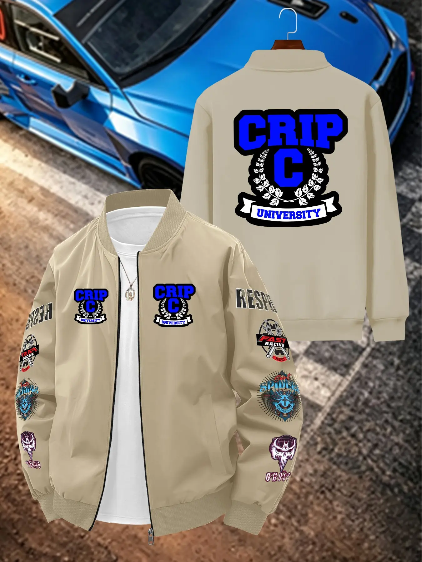 Crip University Badge Print Men's Casual Jacket, Long Sleeve Loose-Fit Outerwear, Geometric Pattern, All Seasons Wear