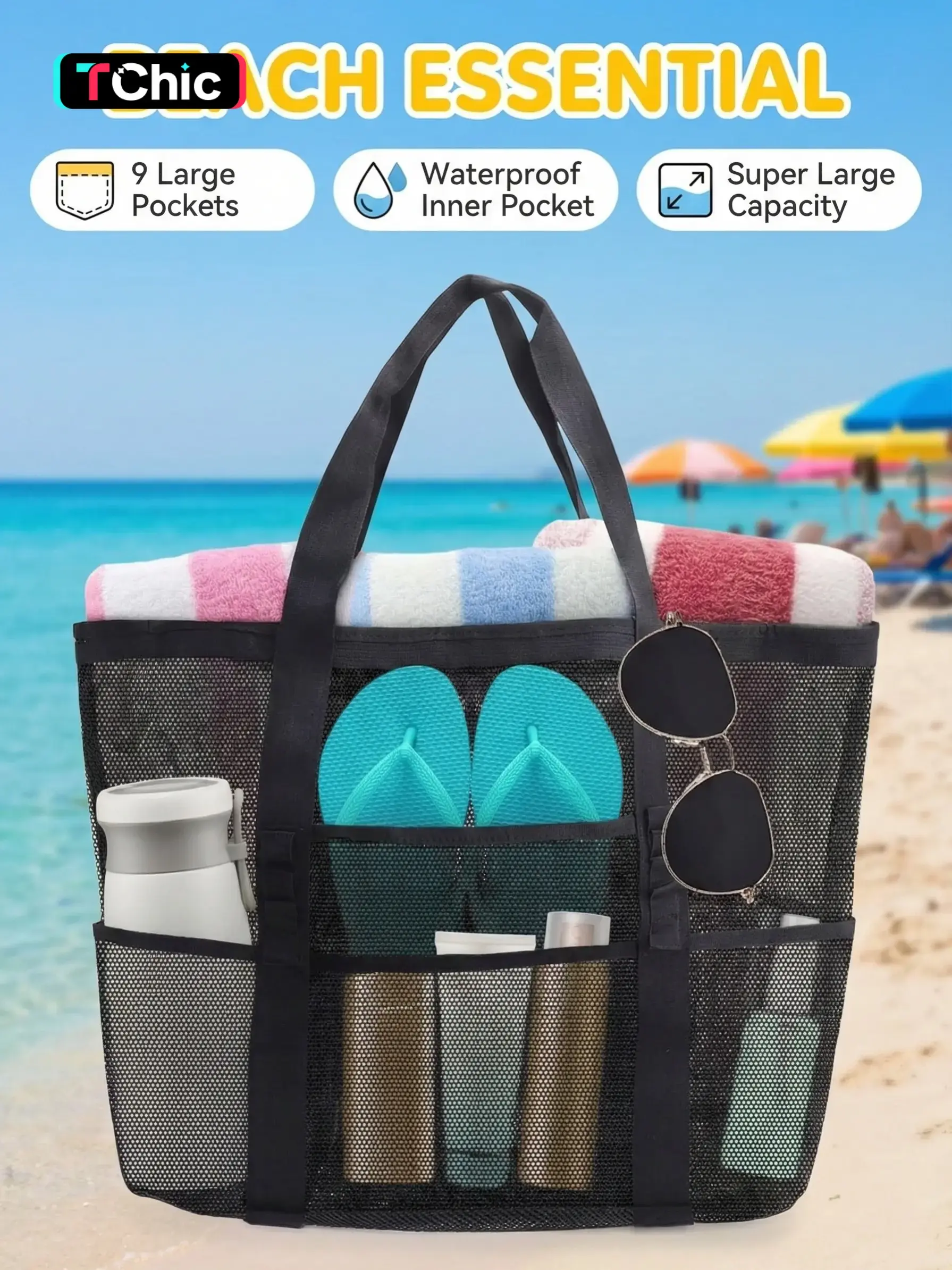 Mesh Beach Bag, Large Capacity Foldable Lightweight Beach Bag with Zipper & Pocket, Swimming Equipment Storage Bag for Home Pool, Boat & Holiday, Travel Essentials Bag, Travel Bag For Toiletries, Lightweight Toiletry Bag