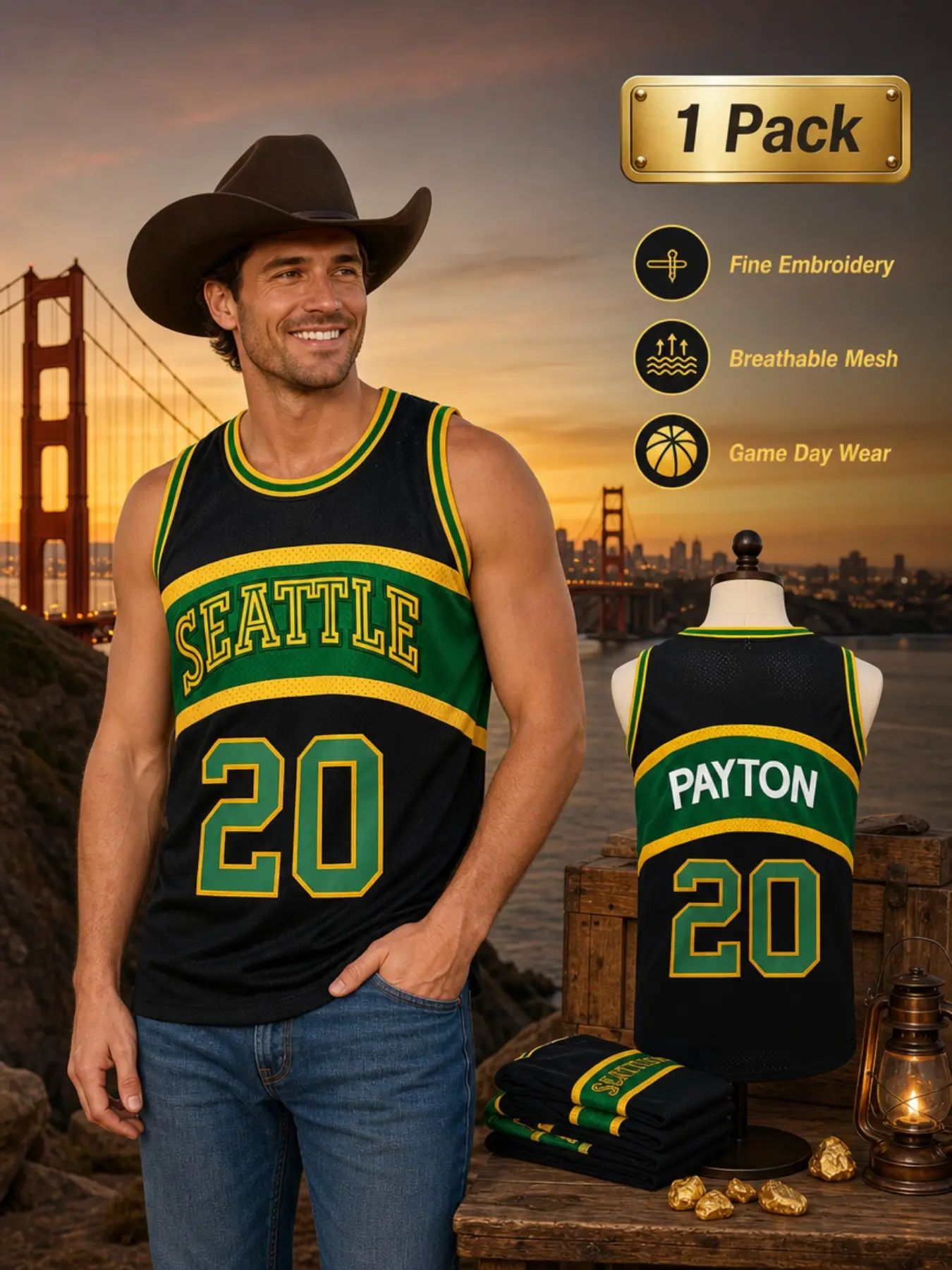 Men's Seattle City Basketball Jersey, Number 20 Vintage Throwback Breathable Mesh Athletic Tank Top, Classic Stripe Design Sports Shirt for Basketball Fans Training & Streetwear