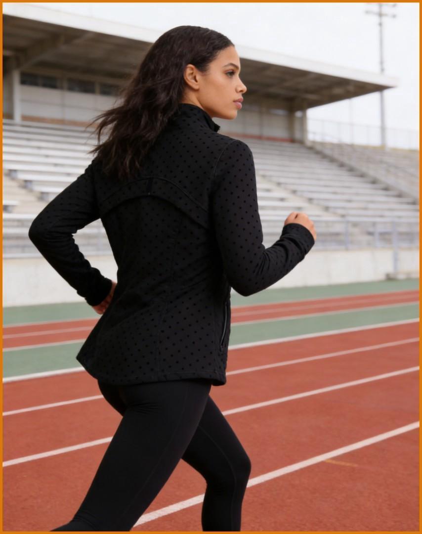 Vibe Outdoor Women's Stylish Black Polka Dot 2-Piece Active Set  Stand Collar Zip Jacket & High Waist Leggings for Yoga, Gym & Daily Wear