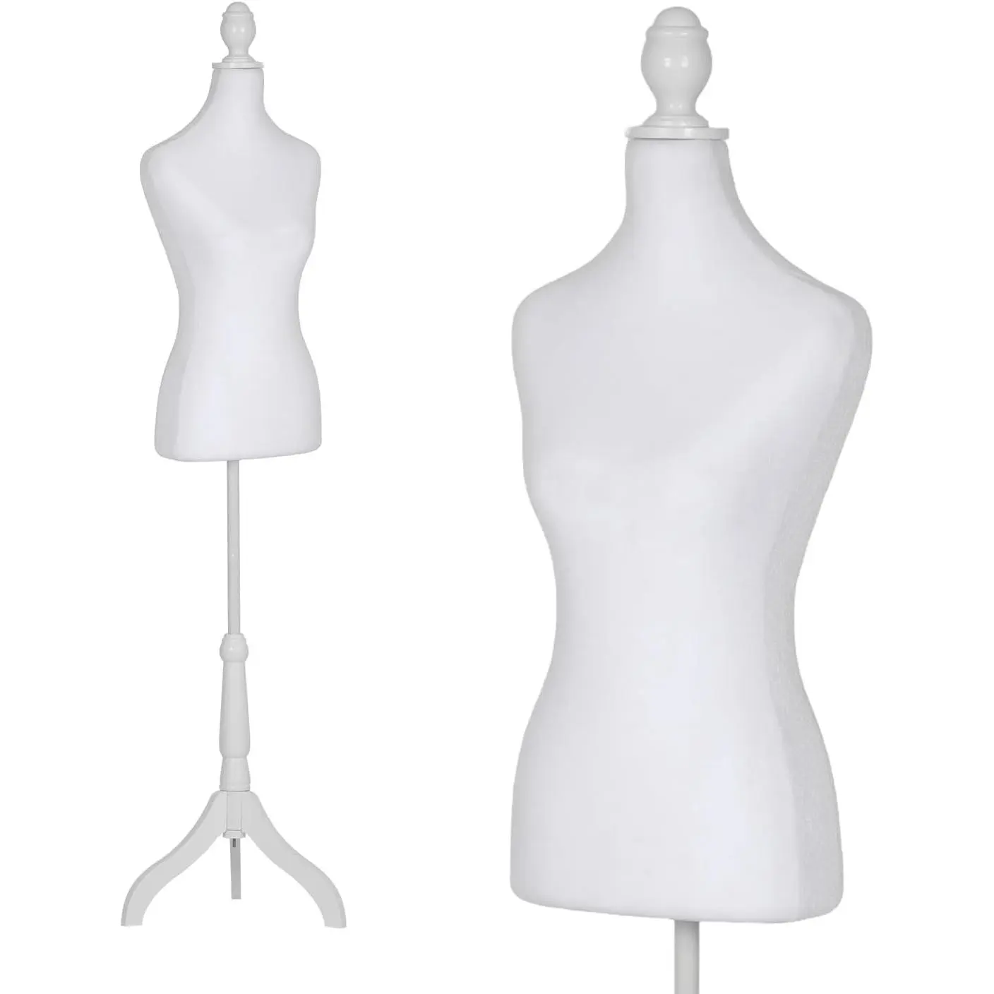 Female Mannequin Torso Dress Form, Height Adjustable 50"-63" White Foam Body with Wooden Tripod Stand for Sewing Clothing & Jewelry Display