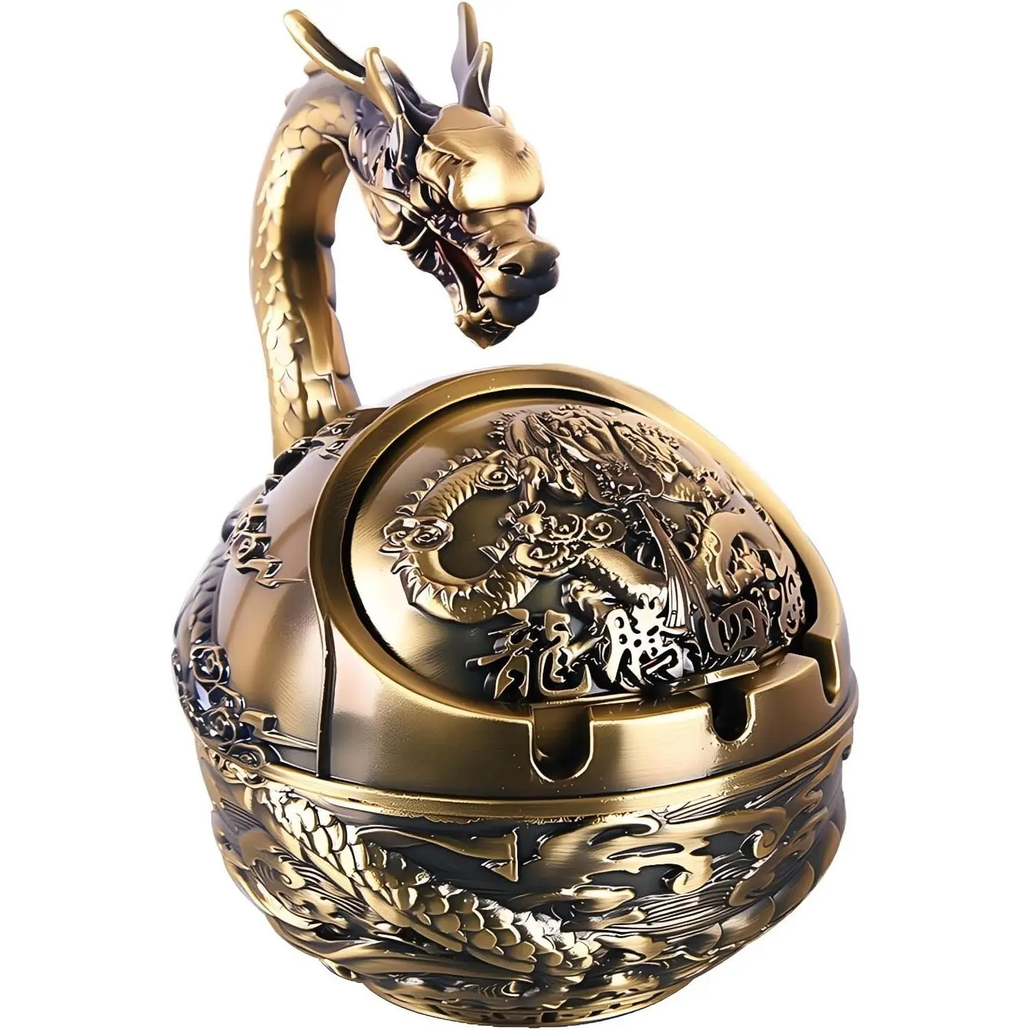 Vintage Hand-Carved Bronze Dragon Ashtray with Lid Windproof Smokeless Odorless Cigarette Ashtray Indoor Outdoor Decorative Gift for Home OfficeGift