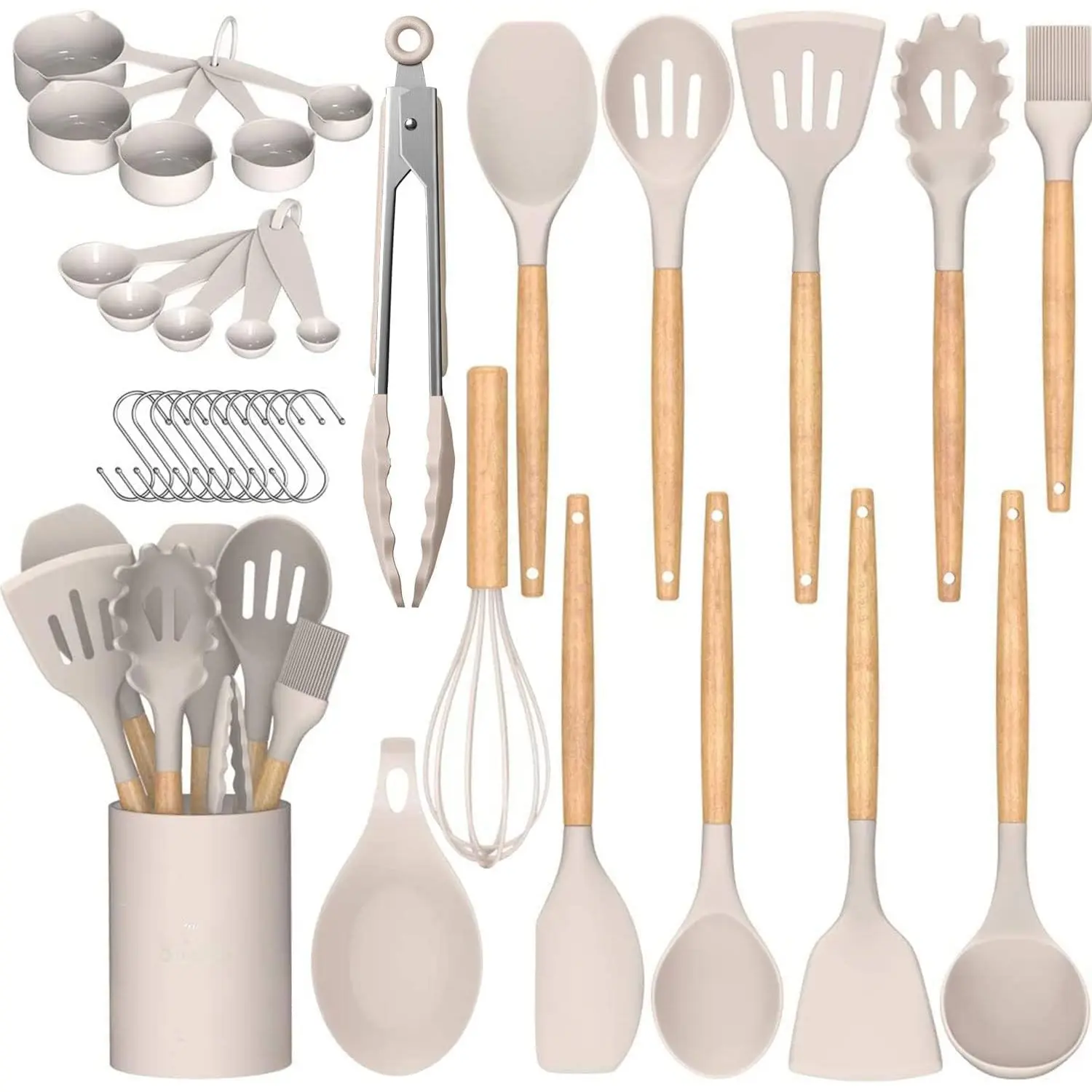 33PCS Kitchen Cooking Utensils Set, Home Kitchen Use, Non-Stick Silicone Cooking Kitchen Utensils Spatula Set, Wooden Handle Silicone Kitchen Gadgets Utensil Set with Holder, Tongs, Spoon Spatula &Turner, Best Kitchen Tools, Pots and Pans Accessories