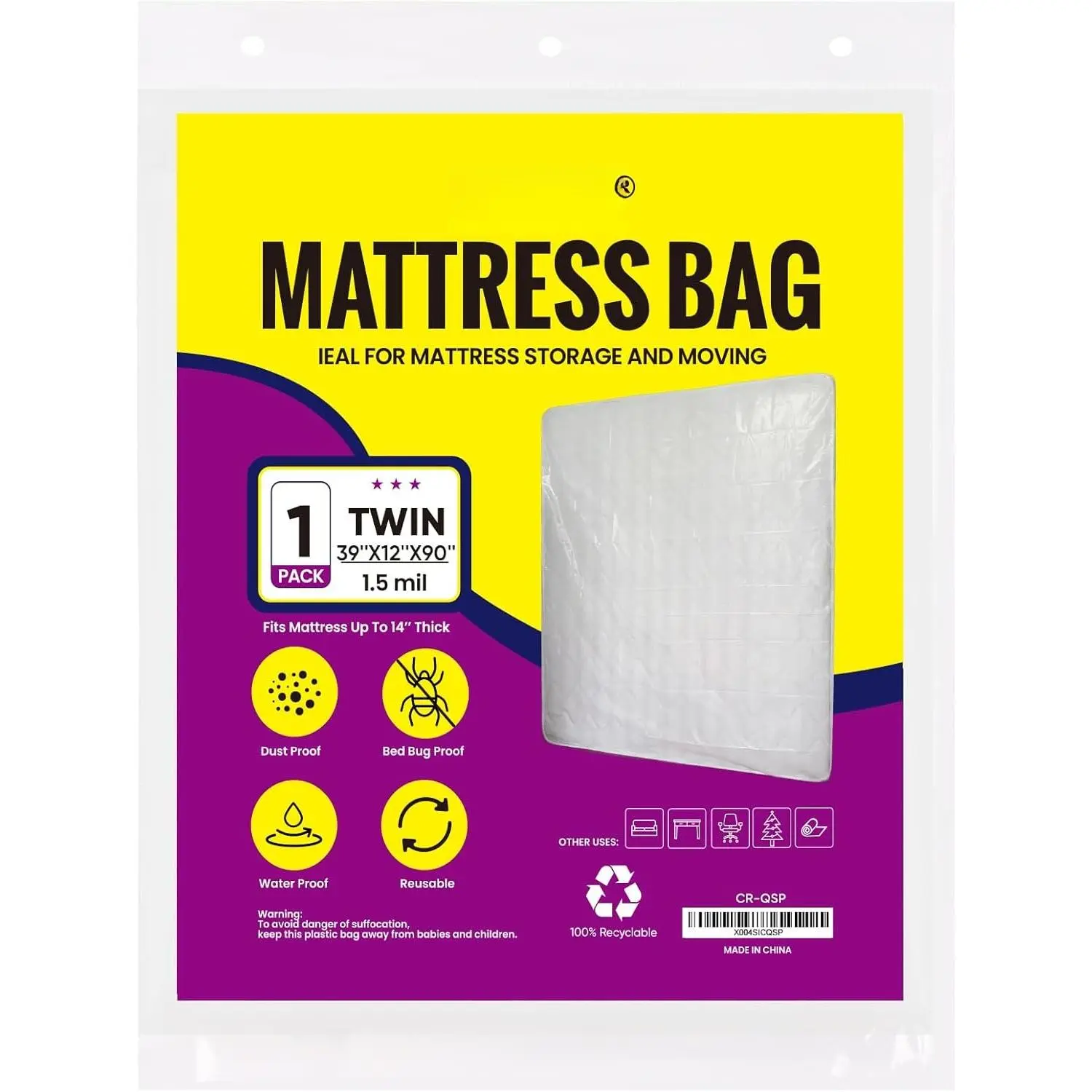 Mattress Bags for Moving and Disposal – Plastic Mattress Protector for Storage, Mattress Cover,TearResistant Mattress Wrap, Storage,moving supplies