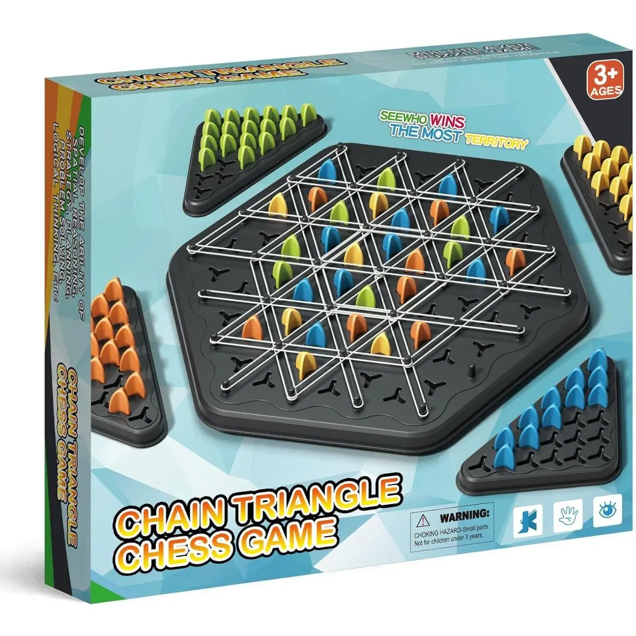 Unisex Triangle Chain Chess Geometric Strategy Board Toy - 2-4 Players Fun Activity for Kids and Adults, with Rubber Bands, 84 Tokens, 4 Token Trays, 1 Game Board, Concentration Puzzle for Family Game Night, International Children's Day Pick