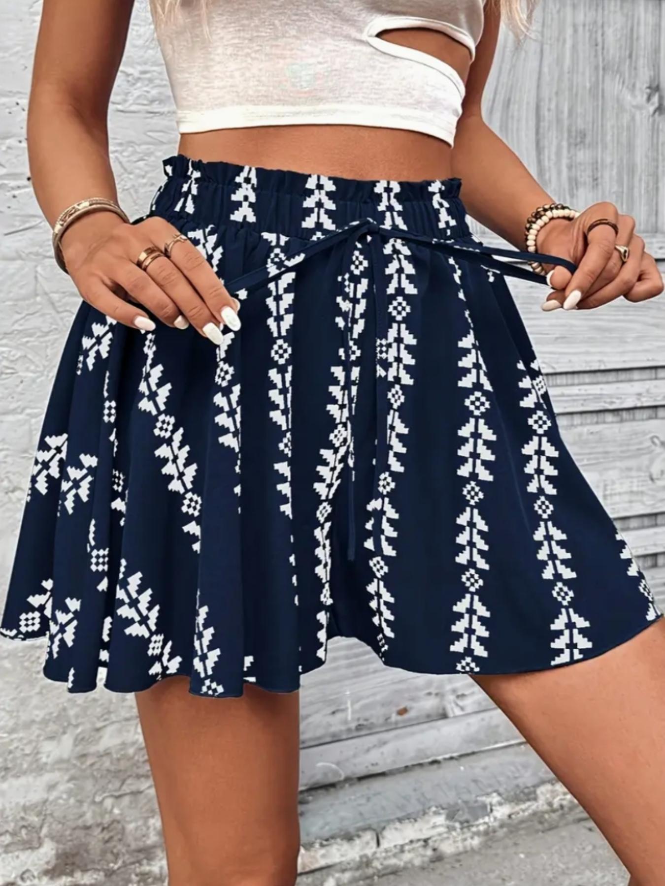Women's All Over Print Knot Front Shorts, Casual Fashionable Shorts for Summer, Women's Bottoms for Daily Wear, Drawstring Beach Shorts
