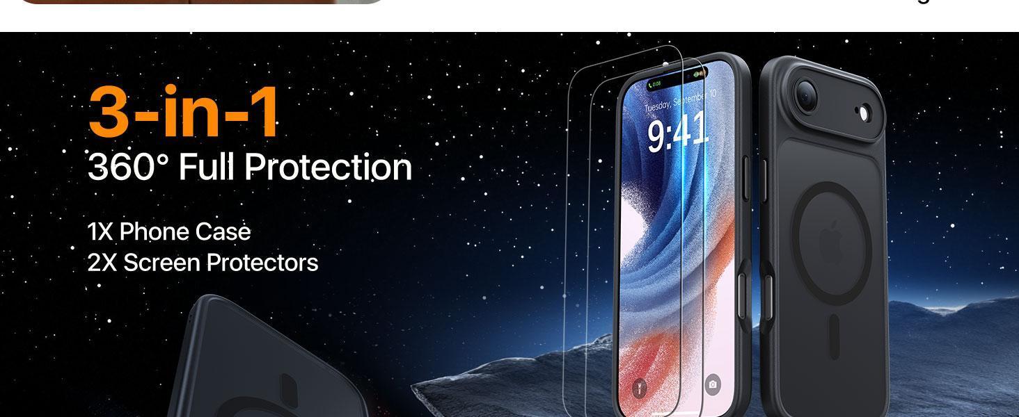 for iPhone Air Case with 2 Pack Screen Protectors, Compatible with MagSafe, Full Camera Protection, Slim Translucent Matte Magnetic Phone Cover for iPhone 17 Air, Black