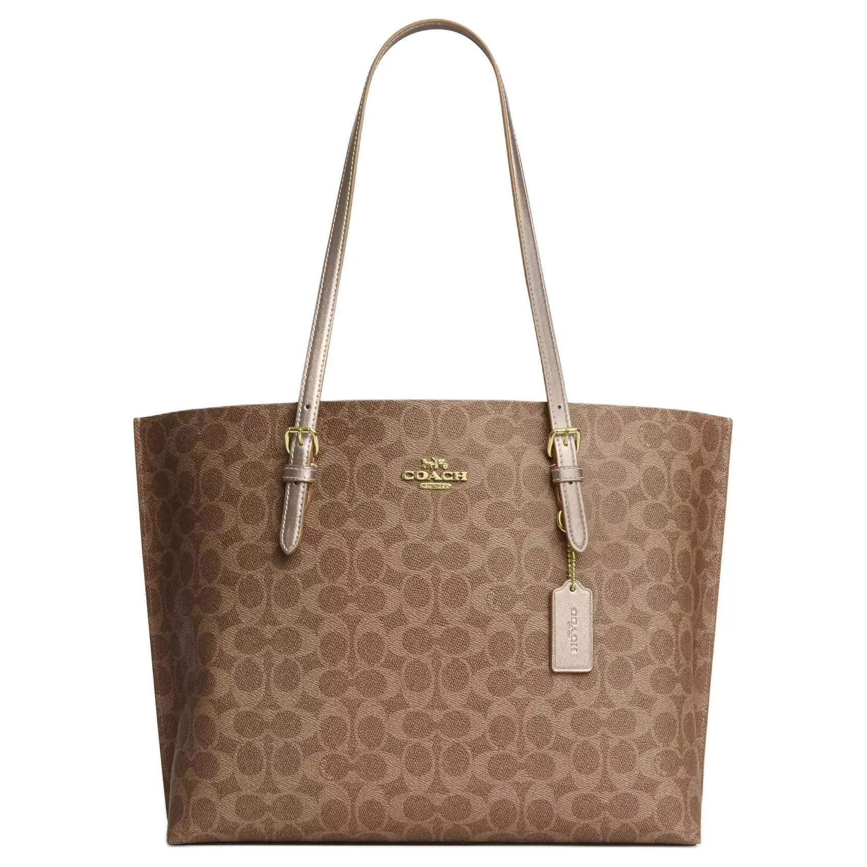Coach Mollie 34 Tote Bag for Women – Logo-Zip Closure, Coated Canvas, Tan and Light Champagne