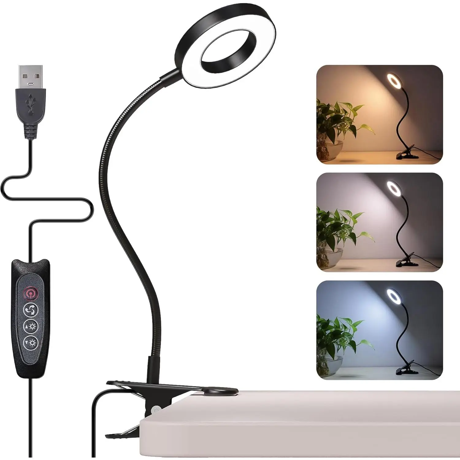 Metal Clip-On Desk Lamp, 48 LED USB Plug Portable Light with 3 Color Modes, 10 Brightness Levels, 360° Flexible Gooseneck, Eye Protection for Reading, Craft (Black)