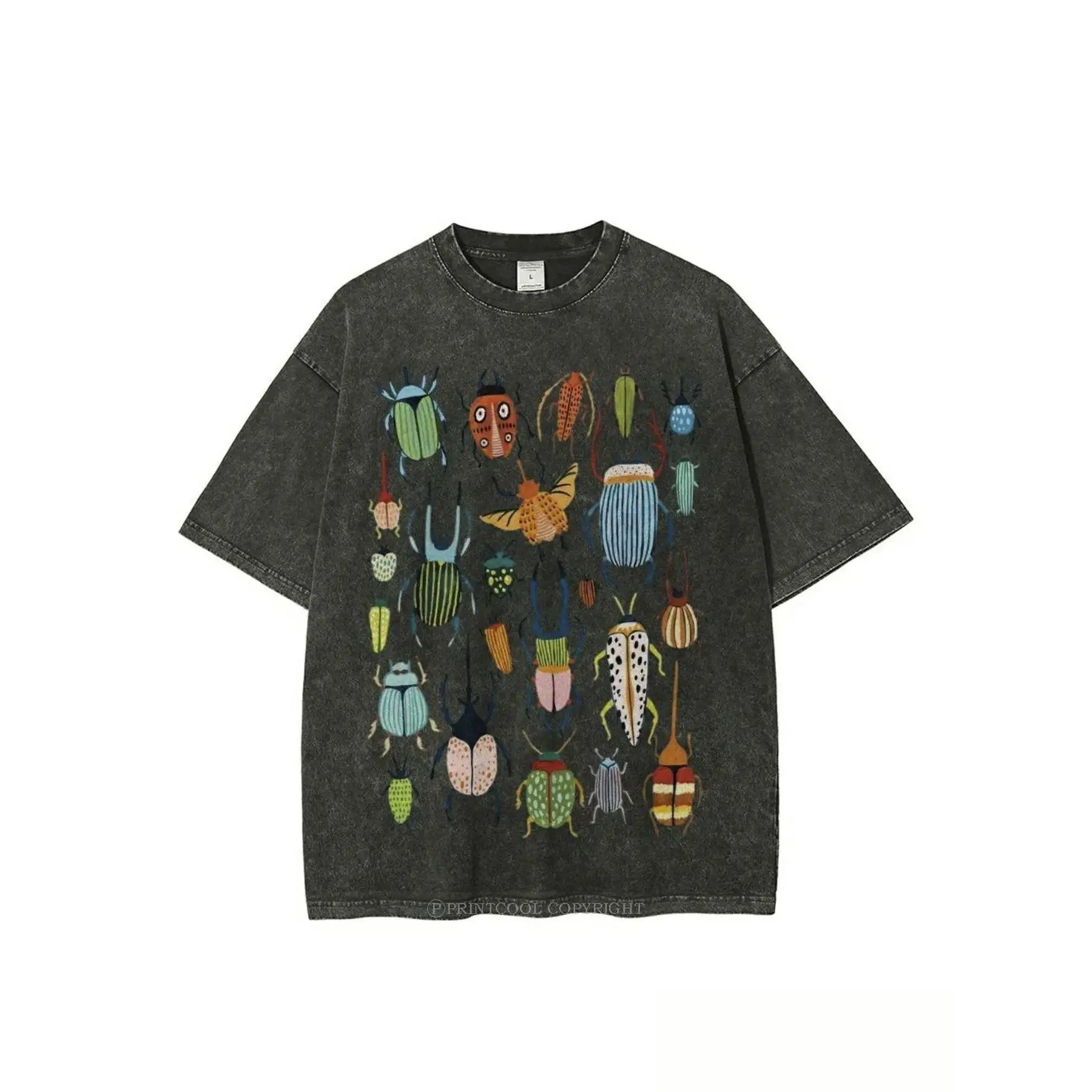Unisex Menswear Short-Sleeve Streetwear T-Shirt - Washed Insect Theme Party Print, High-Quality Pure Cotton Vintage Distressed Top, Casual Attire, Holiday Gift, Shortsleeve
