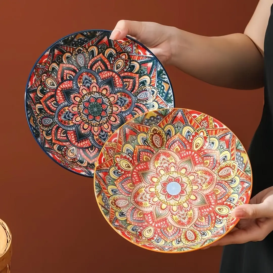 Hand Painted Ceramic Plate Set, Floral Plates, 3 Counts/set Colorful Flower Pattern Dinner Plate & Dipping Bowl, Household Dishwasher Safe Tableware Set for Home Kitchen Dining Room, Ceramic Dinnerware Set