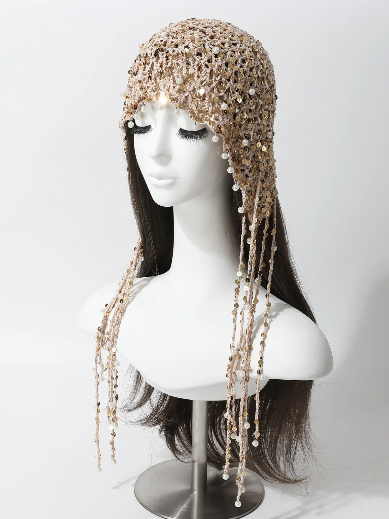 Women's Fashion Handmade Beaded Pearl Sequin Headband Hat, Summer Vintage Boho Thin Lace Knit Cap, Trendy Accessory, Styling Accessory