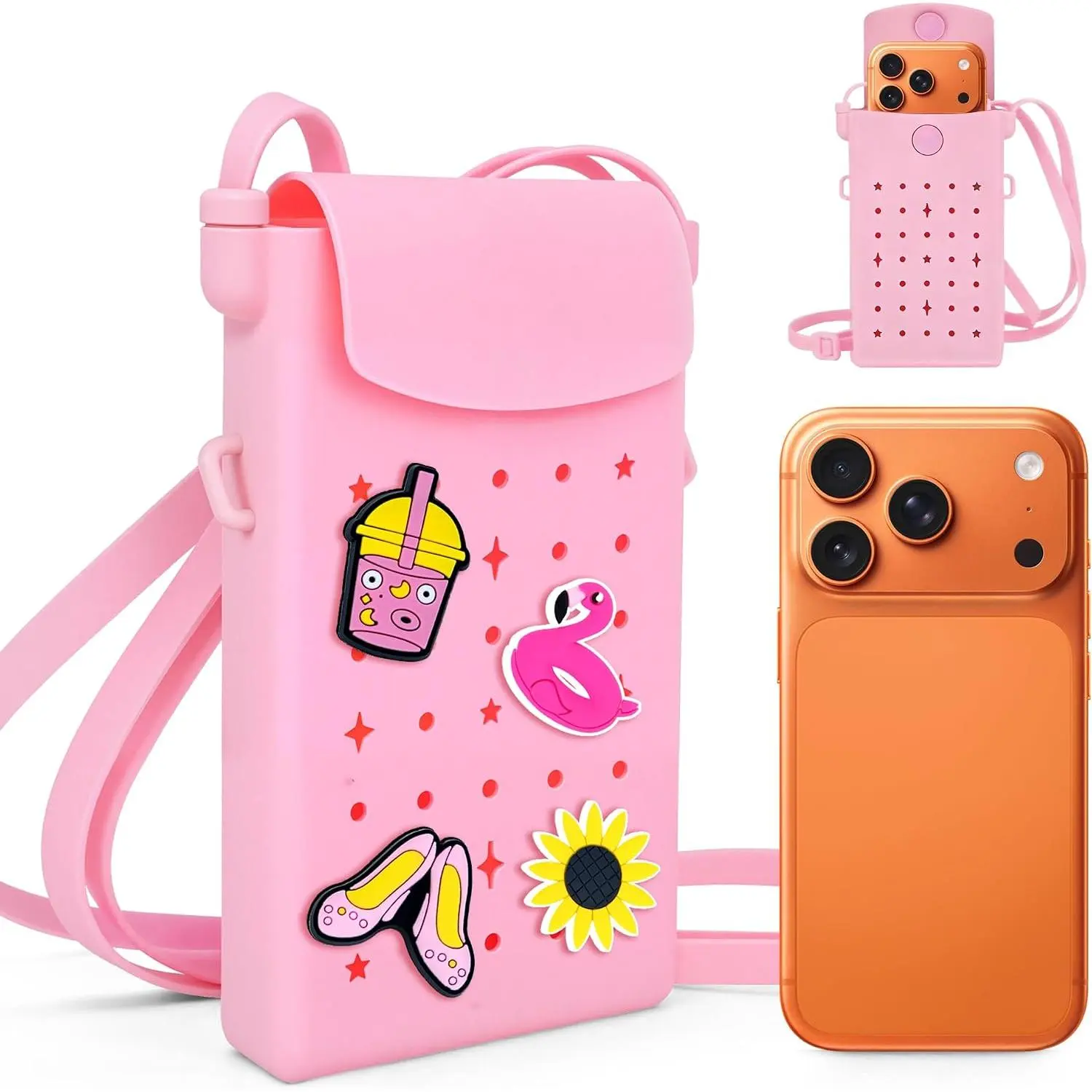 Crossbody Phone Purse with Adjustable  Strap,  Closure, DIY Holes with 15 Charms – Stylish Everyday Cell Phone Bag for Women