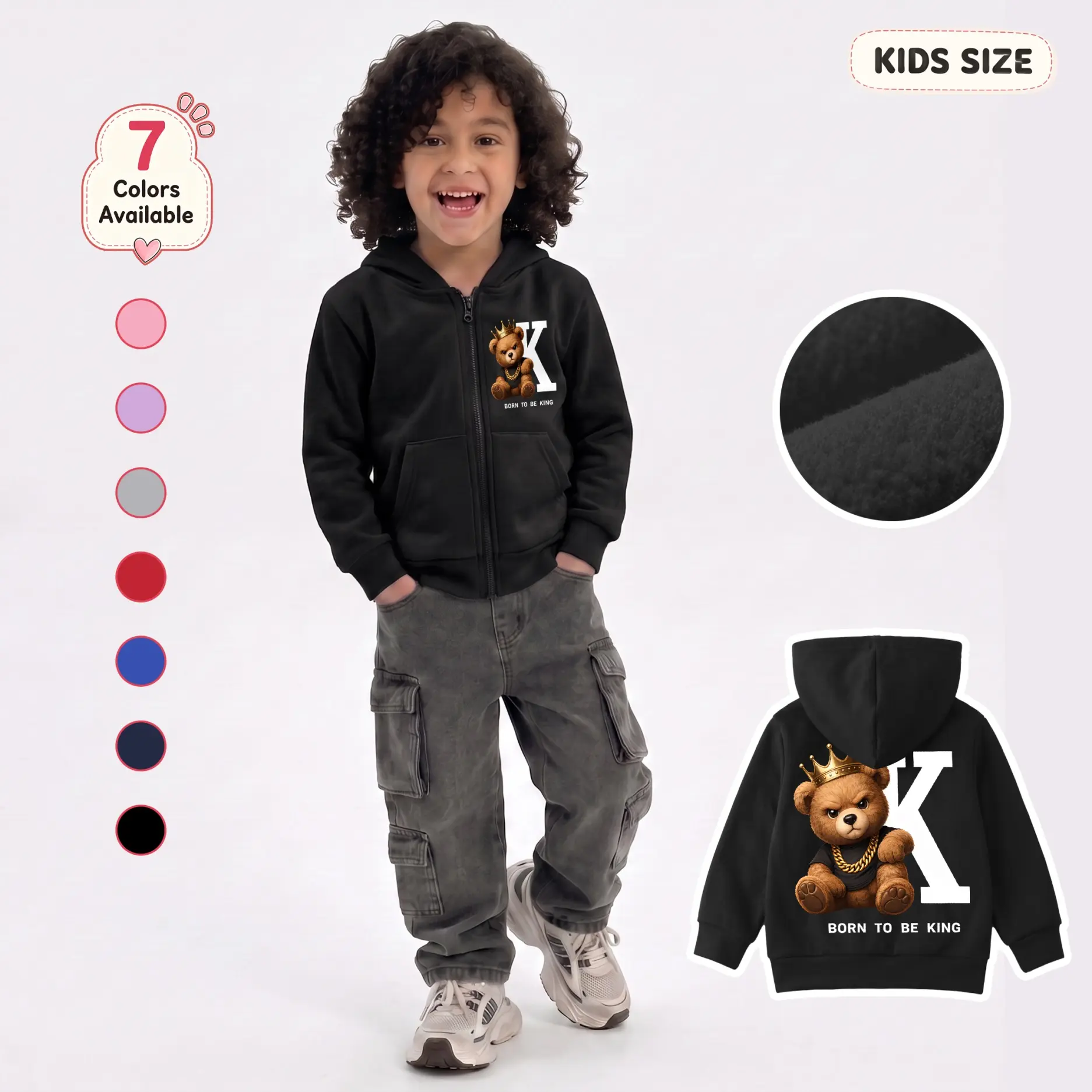 Boys’ King Bear Graphic Zip-Up Hooded Jacket, Trendy Crown Character and Letter K Front and Back Print Kids’ Hoodie with Long Sleeves and Practical Pockets for Parties, School and Weekend Trips
