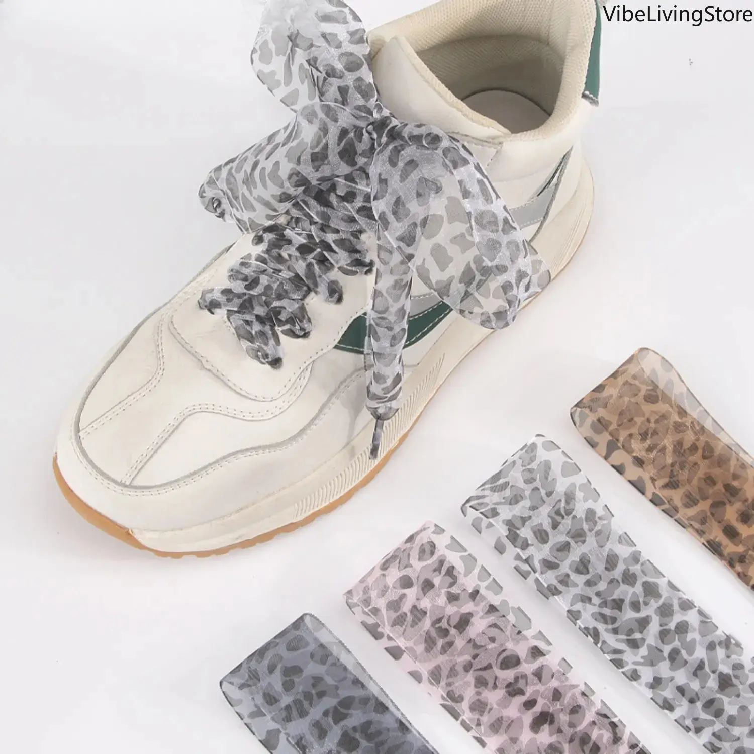 White Leopard Print Extra Wide Organza Shoelaces, 4cm Sheer Ribbon Replacement Laces, Casual Lace Up Design for Sneakers & Daily Casual Shoes