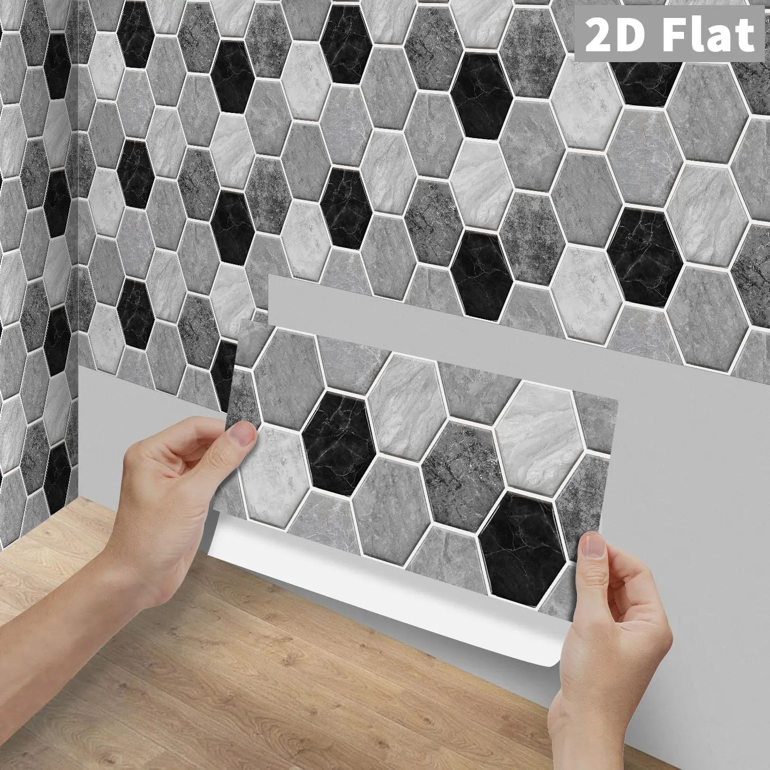6/12/24/48Pcs FG Retro Tile Stickers, Black White Grey Mixed Marble Hexagon Mosaic PVC Crystal Film Peel & Stick Backsplash, DIY Self-Adhesive Waterproof Oilproof Decor for Kitchen, Bathroom, Tile & Wood Floor