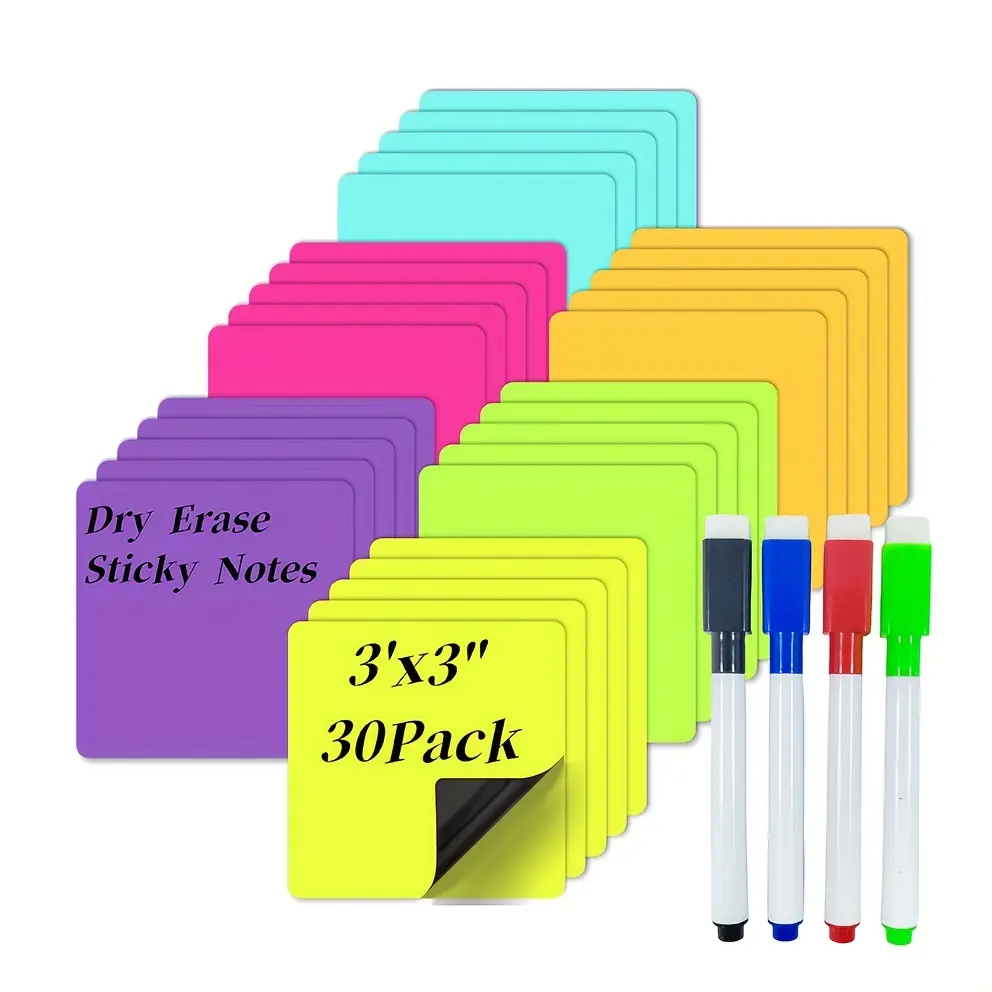 30 reusable magnetic sticky notes, Dry erasable labels with marking pen, suitable for whiteboards, refrigerators, storage cabinets, etc. Perfect choice for office and classroom organization and home reminders