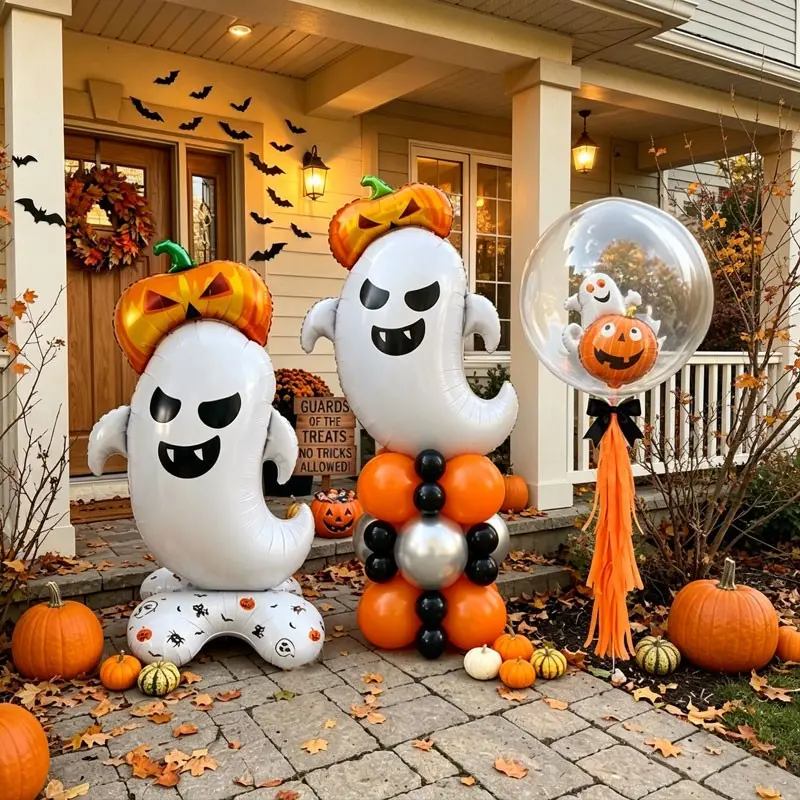 A set Halloween Ghost Pumpkin Balloon Set,Contains Mini Pumpkin Ghost Balloon,Standing ghost balloon with pumpkin top， Perfect for Halloween Parties, Trick or Treat, Office Halloween Decoration，Home yard holiday decorations，Halloween Store Window Display