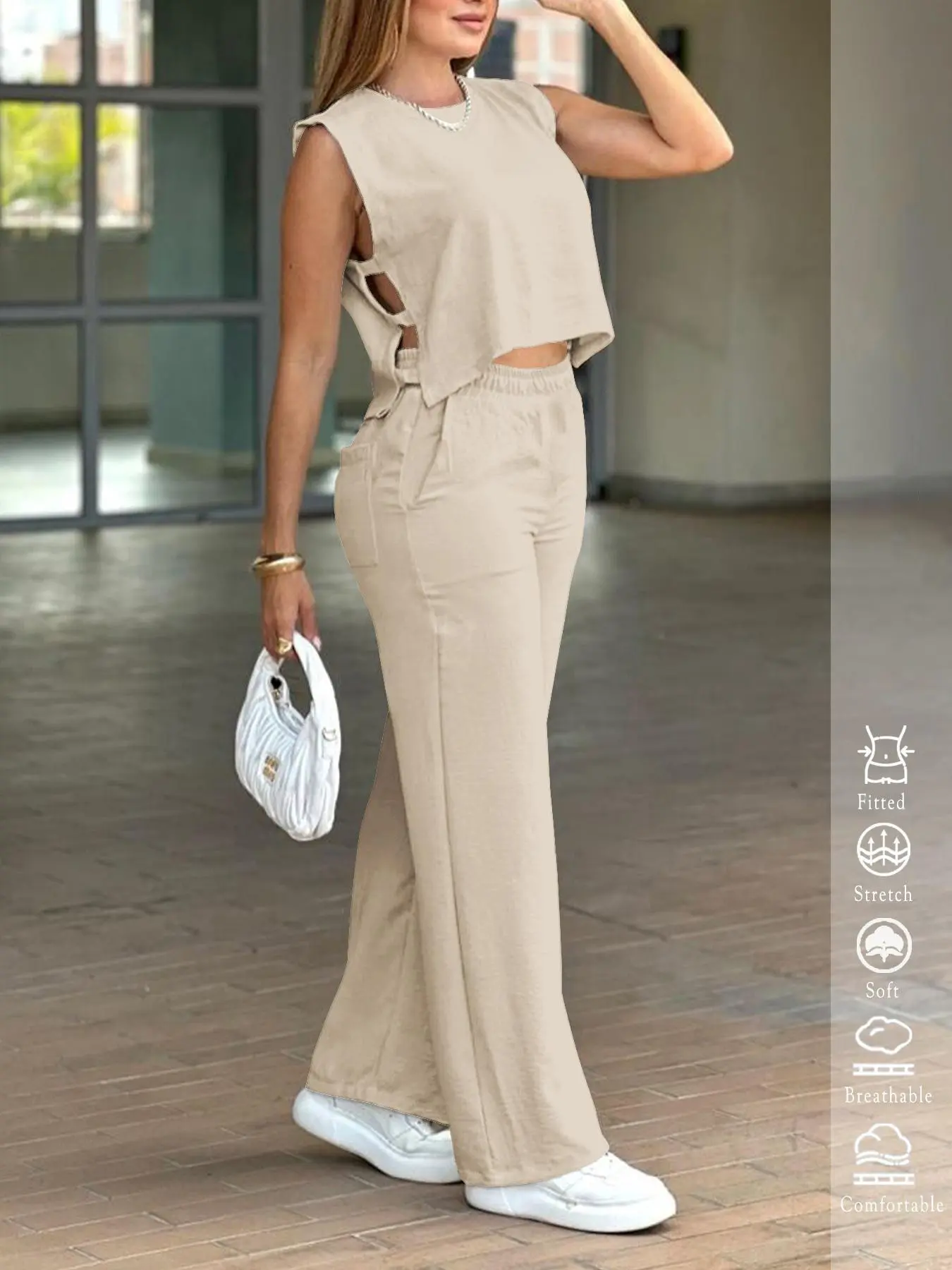 Summer Women's Beige Co-Ord Matching Set | Lightweight Crop Top & Loose Pants | TikTok Trending, Travel Ready