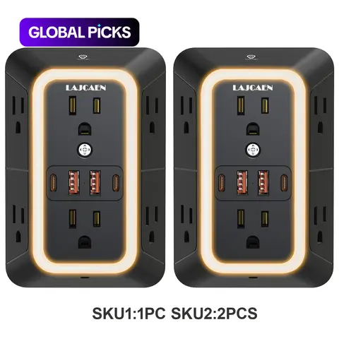2 Pack Multifunctional Wall Outlet Extender with Night Light, 6 AC Surge Protector Outlets and 4 USB Ports (2 USB-C), 1050J Multi Plug Adapter, Widely Spaced for Home, Travel & Office (Black) #GLOBAL PICKS